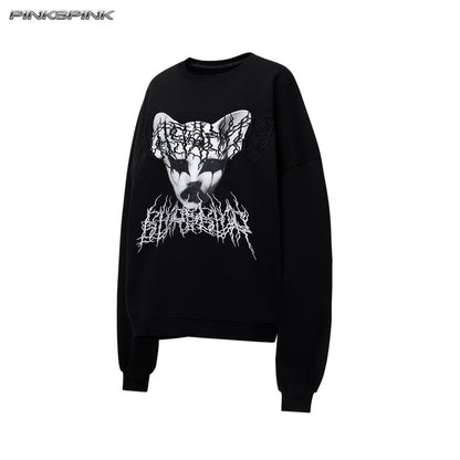 Cat-Themed Black Metal Thorn Embroidered Y2K Sweatshirt