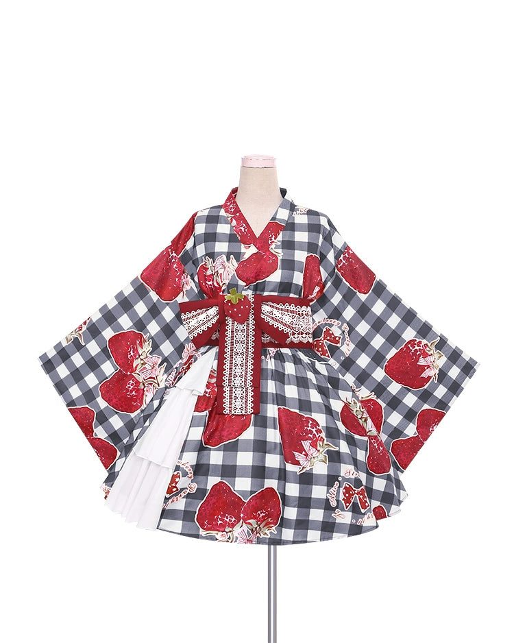 Strawberry Party Plaid Yukata & Cardigan Set