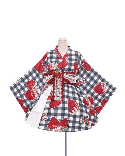 Strawberry Party Plaid Yukata & Cardigan Set