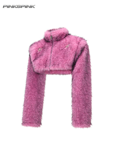 Electric Moon Gradient Fur Ultra-Short Y2K High-Neck Jacket