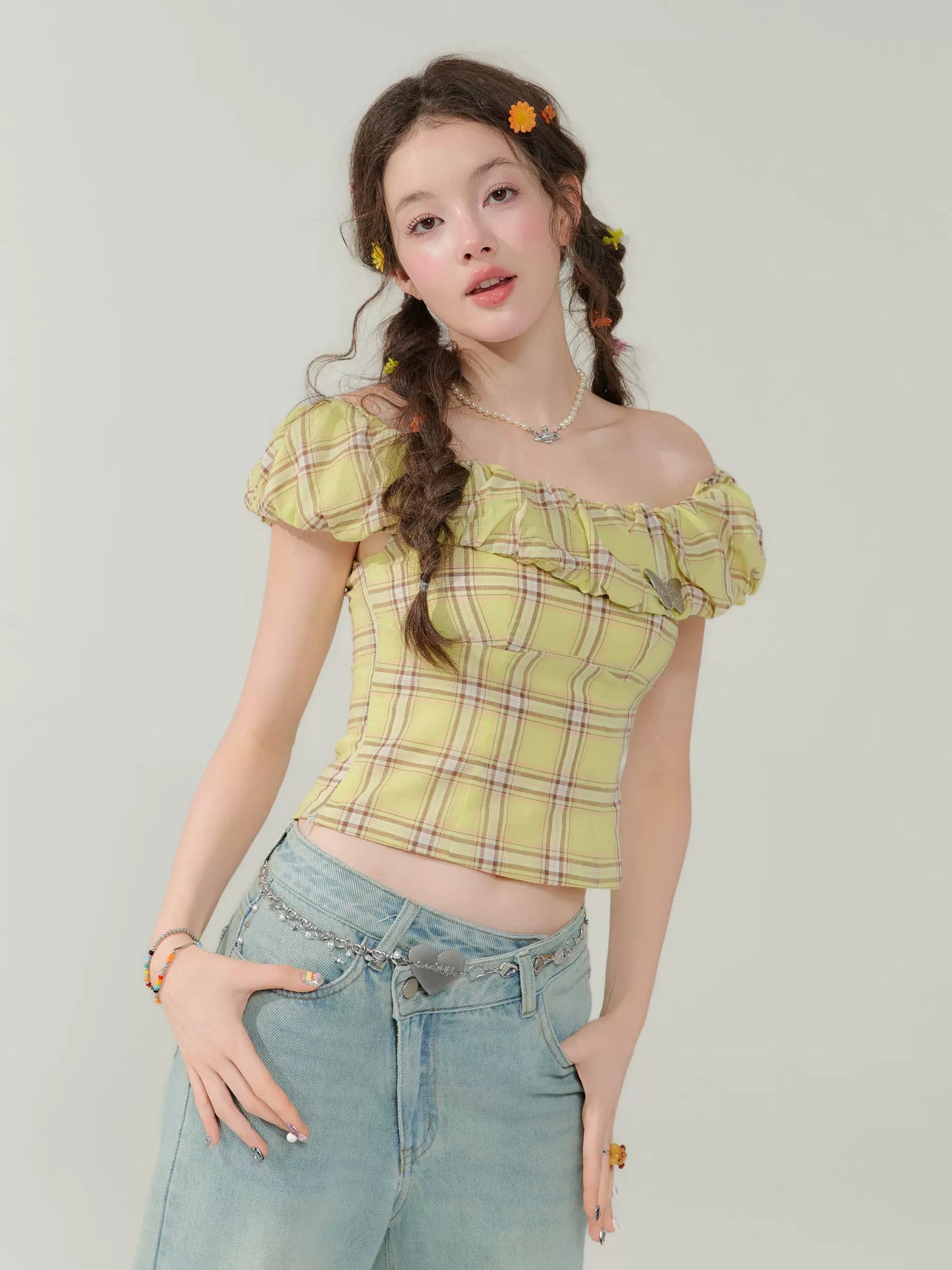 Plaid Single Shoulder Crop Top | Slim Fit Retro T-shirt for Summer