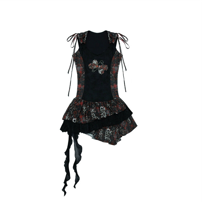 Leopard Pattern Mesh Dress | Hot Diamond Spliced ​​Dark Punk Design