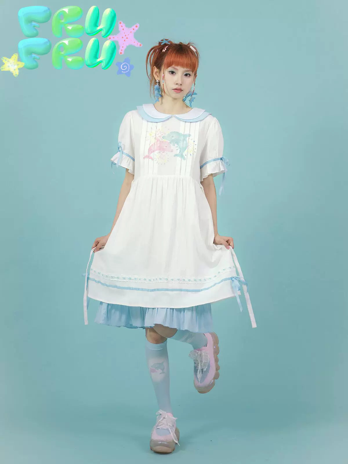 Gollum Store Original Cute Girly Textured White Doll Collar Summer Printed Dress
