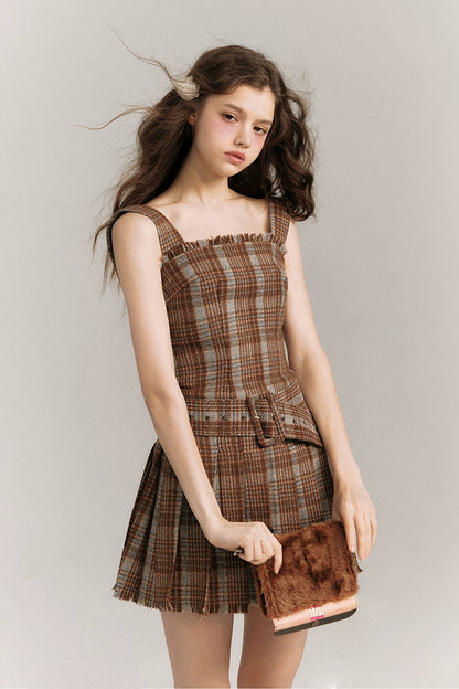 Tea Brown Plaid Strap Dress