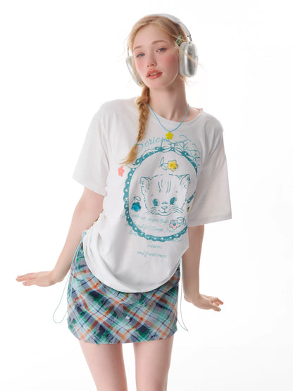 Cat Print Drawstring T-shirt | Loose Round Neck Retro Design for Summer