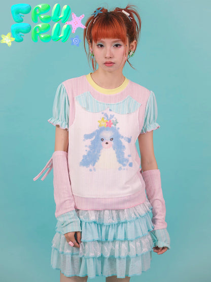 Gollum Store Original Cute Girl Summer Y2K Powder Blue Colorblock Puppy Print Pure Cotton T-Shirt