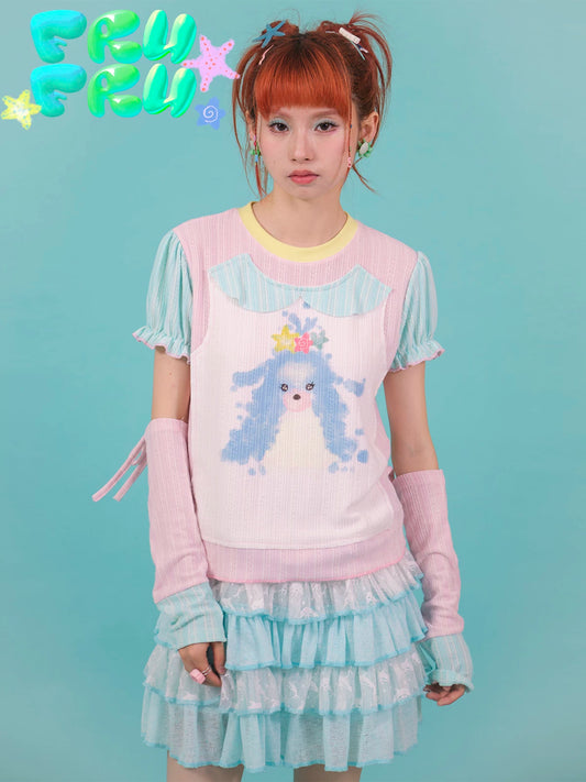 Gollum Store Original Cute Girl Summer Y2K Powder Blue Colorblock Puppy Print Pure Cotton T-Shirt
