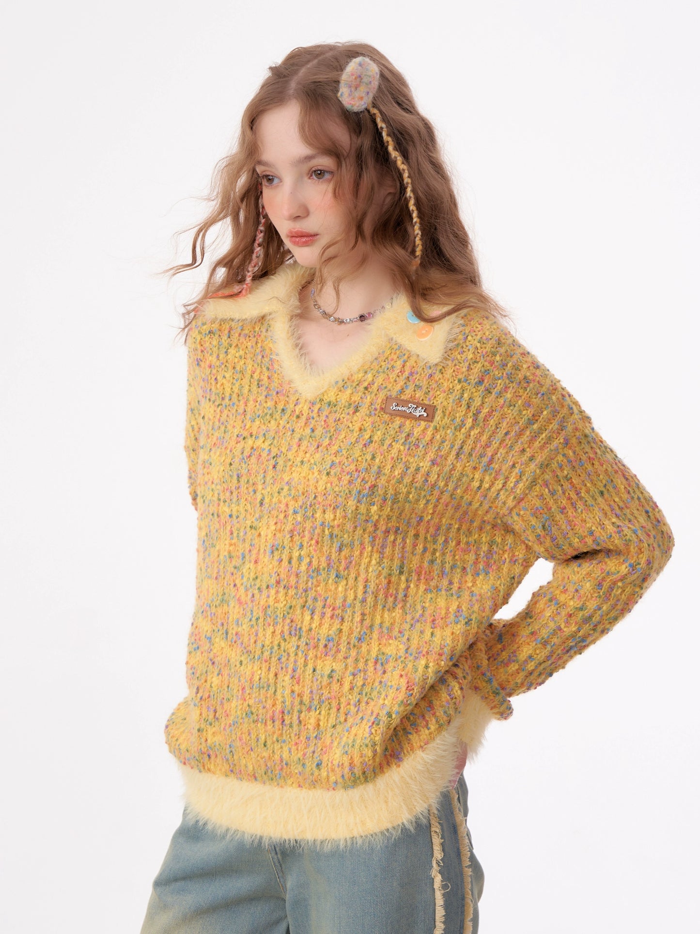 Yellow Grain Polo Sweater | Soft Wax Retro High-End Design for Autumn/Winter