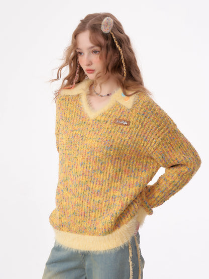 Yellow Grain Polo Sweater | Soft Wax Retro High-End Design for Autumn/Winter