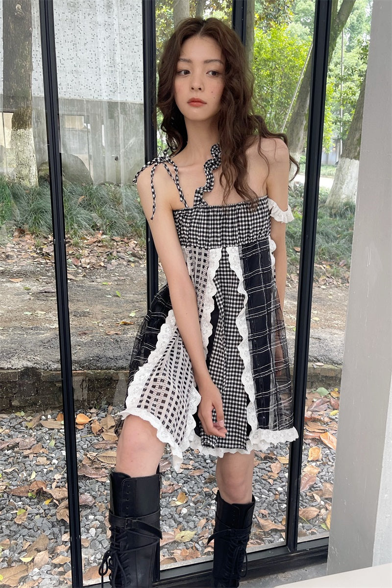 Vintage Patched Plaid Irregular Strap Dress