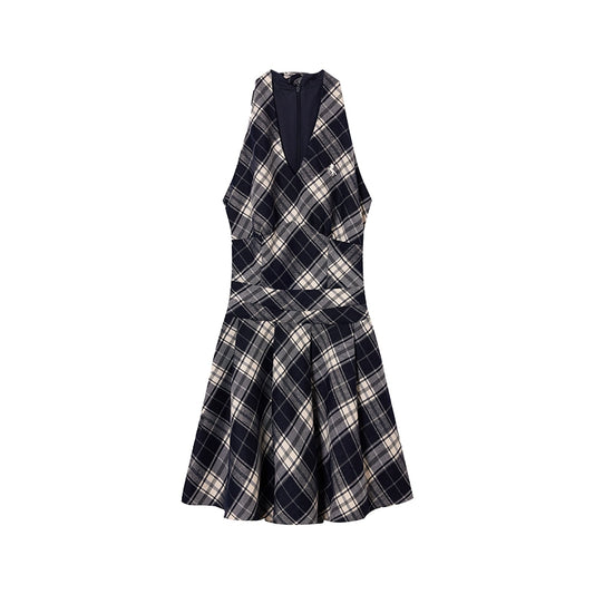 Showa Girls Checkered Dress - V-Neck Halterneck Strap Skirt for Summer