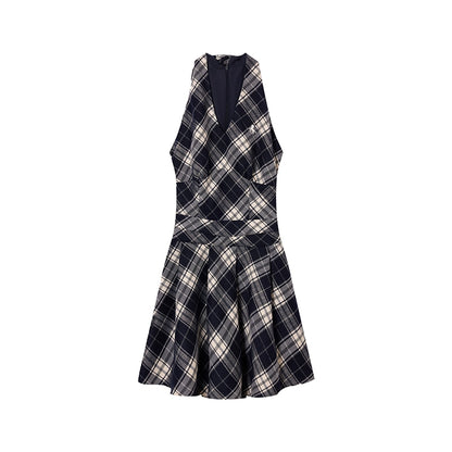 Showa Girls Checkered Dress - V-Neck Halterneck Strap Skirt for Summer