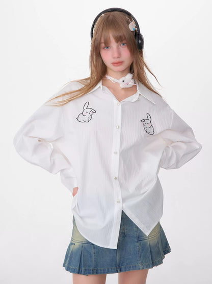 Rabbit Embroidered Loose White Shirt | Medium-Length Retro Design for Spring/Summer