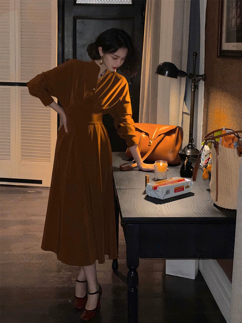 French Retro Stand-Collar Long Sleeve Dress – Elegant Waist-Cinched Midi