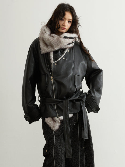 Detachable Fur Collar PU Leather Jacket | Urban Nomad Unisex Coat