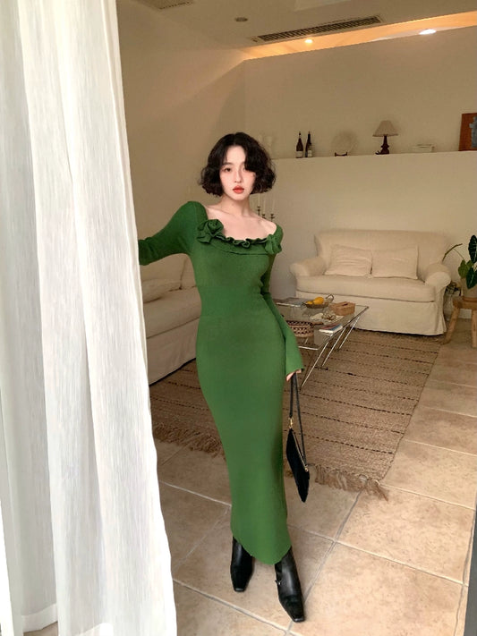 Flower Collar Design Long Knitted Dress (Hibiscus)