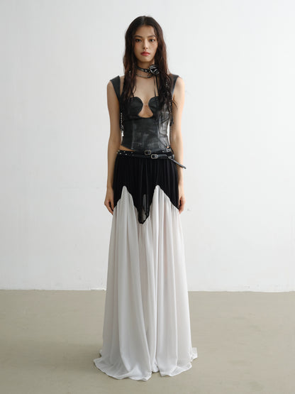 Contrasting Patchwork Rivet Long Chiffon Skirt