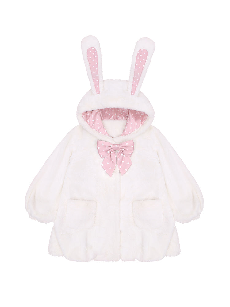 Bobo Rabbit Genuine Polka Dot Fur Coat with 3D Bunny Ears