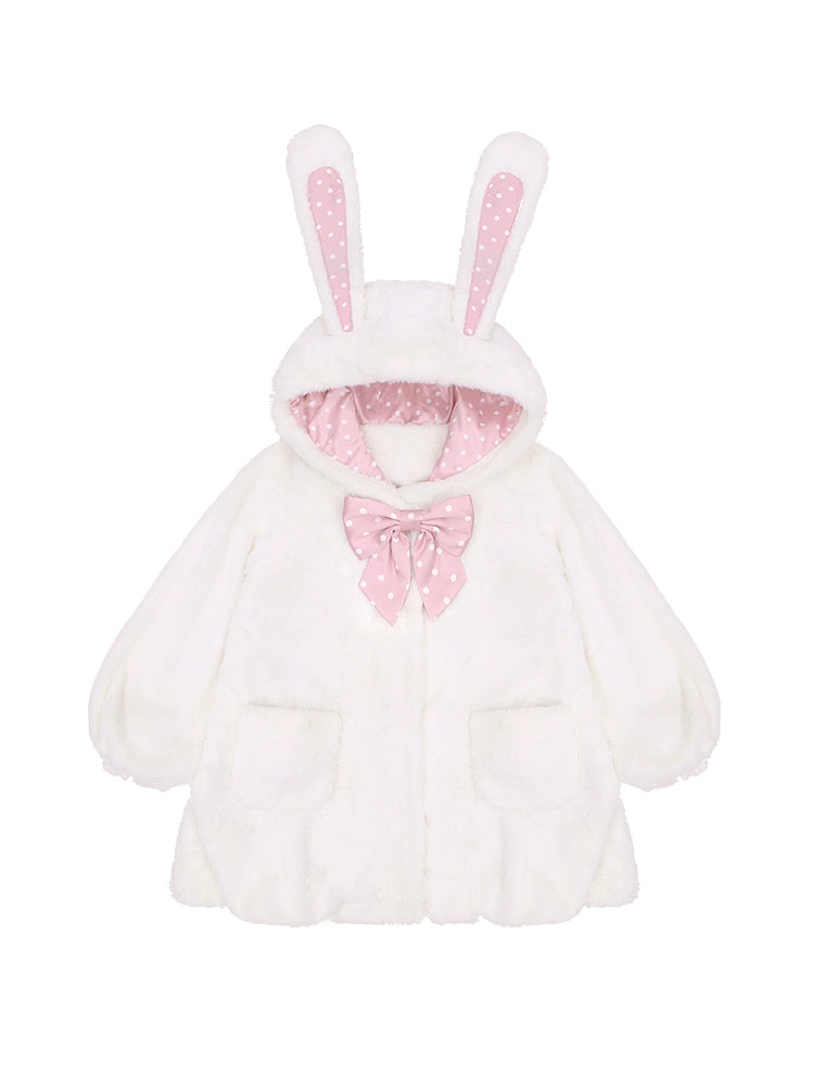 Bobo Rabbit Genuine Polka Dot Fur Coat with 3D Bunny Ears