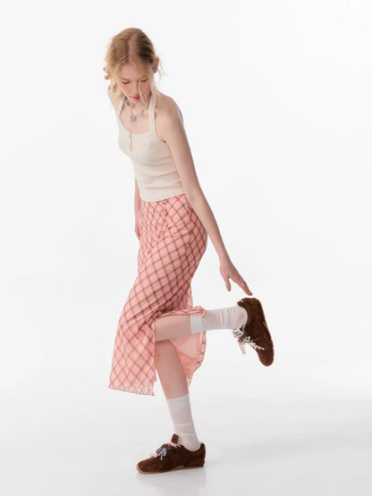 Checkered Fish Tail Skirt | Retro Pink Brown Slim Fit for Autumn/Winter