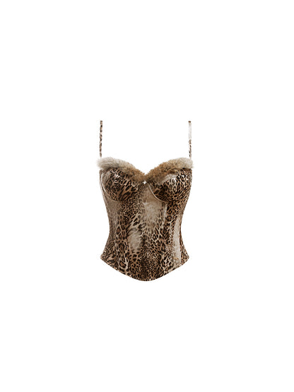Patchwork Leopard Rabbit Fur Corset – Sleeveless Slim Camisole