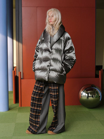 Silver Satin Down Jacket – 90% White Duck Down Thick Winter Puffer for Women