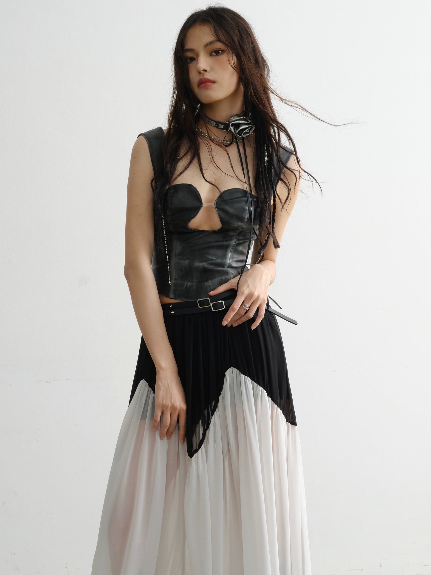 Contrasting Patchwork Rivet Long Chiffon Skirt