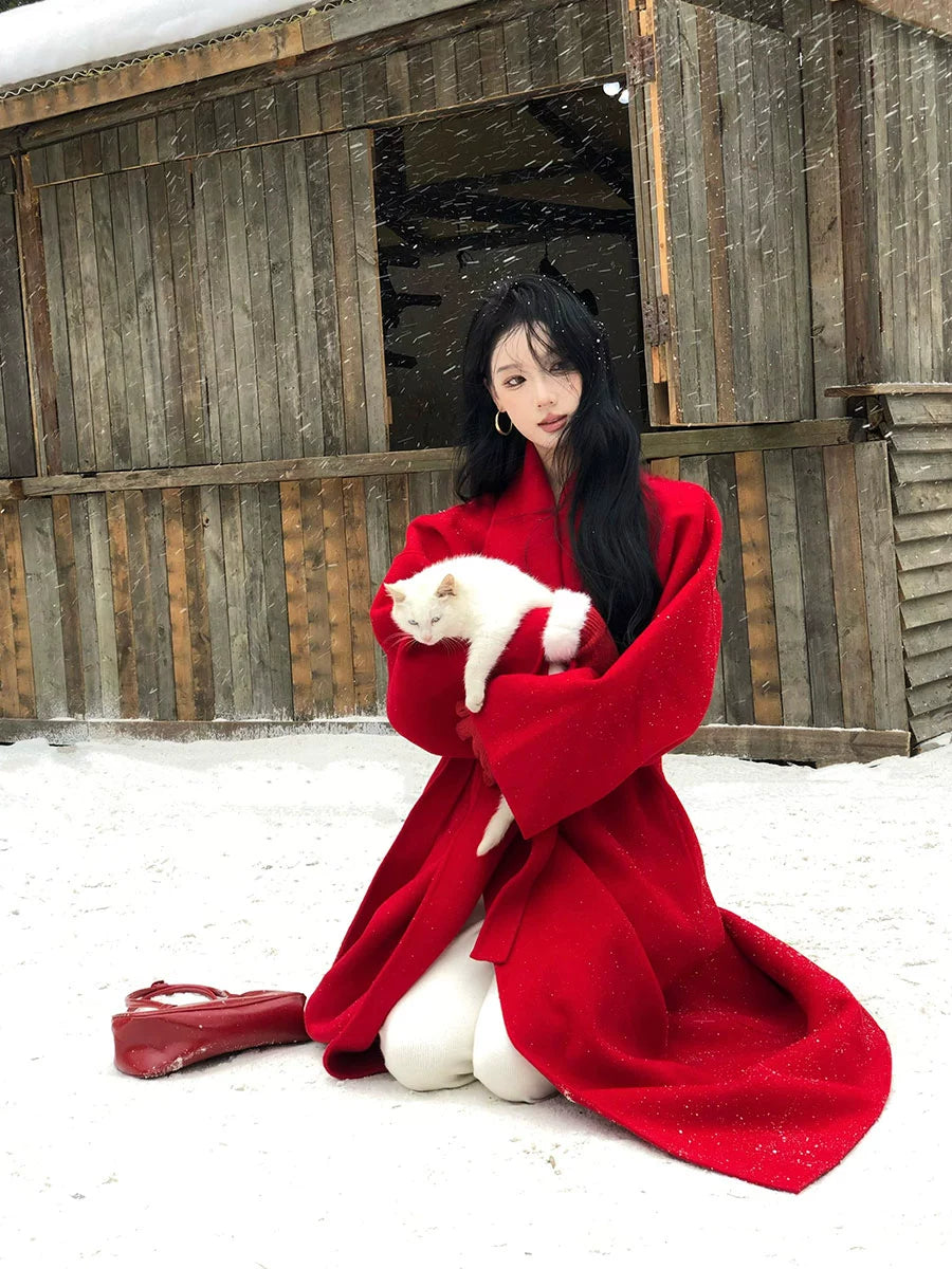 Reversible Cashmere Coat – Red New Year’s Engagement Wool Jacket