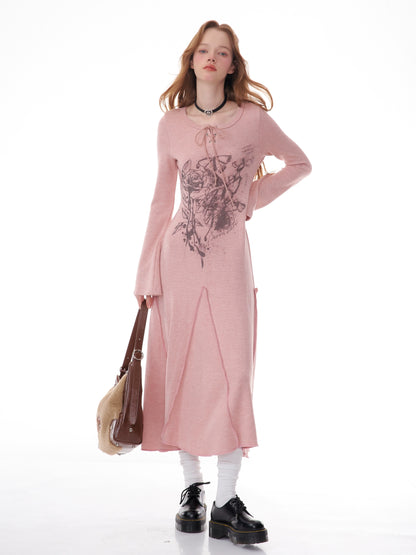 Rose Print Slim Jacket Dress | Wool Knit Long Sleeve Autumn/Winter Style