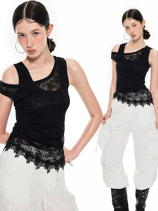 Asymmetrical Lace Layered Vest – Slanted Shoulder Light Sheer Top