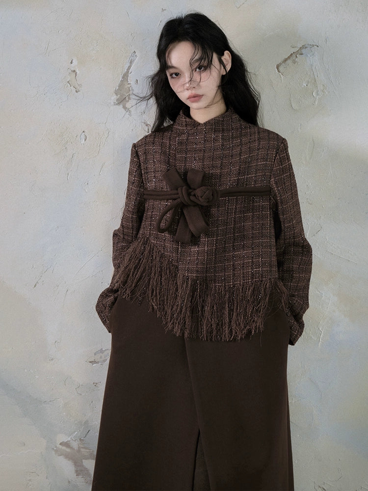 Ebony Agarwood Button Spliced Woolen Coat