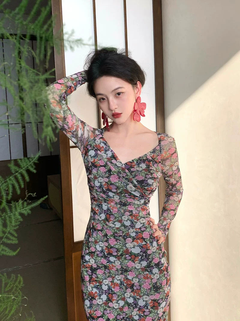 Mesh Floral Hip-Hugging Dress