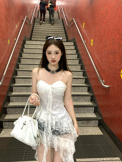 [Rebellious Couple] White Lace Irregular Layered Strap Dress - Summer Edition