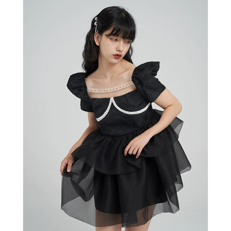 black fluffy dress short Black Tulle Beading Short Prom Dress, Puffy Black Straps Homecoming Dress  UQ2148