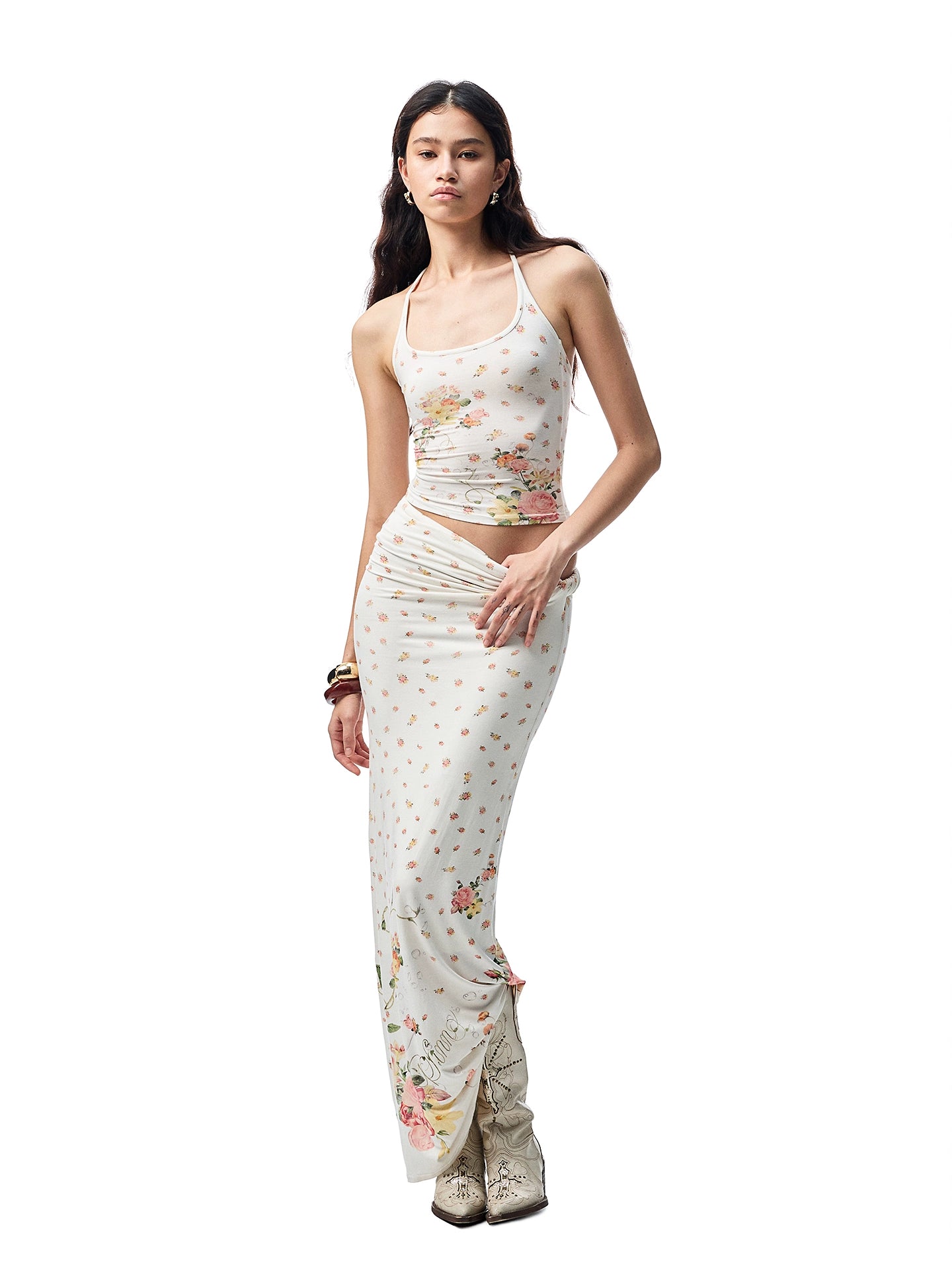 Resort Floral Vest & Maxi Skirt Set – Relaxed Buttoned Scoop Neck Style