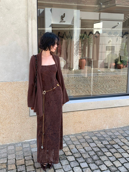 Amber Pine Forest Stretch Velvet Mesh Slip Dress – Hong Kong Retro Autumn