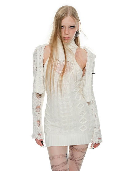 High-Neck Knit Vest Dress – Cinched Waist Lace Fall Sweater