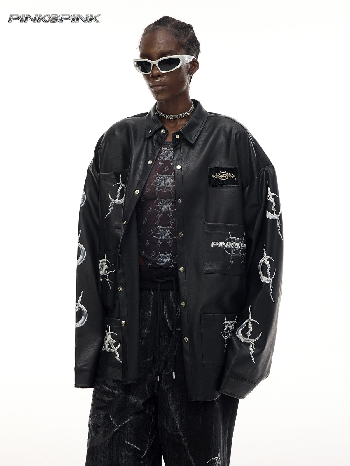 Electric Moon Mirror Concept PU Leather Y2K Jacket