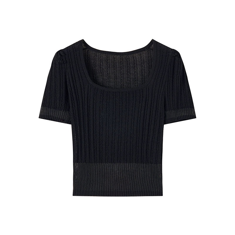 Square Neck Knitted Short Sleeve Tee for Summer