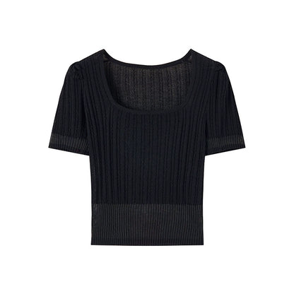 Square Neck Knitted Short Sleeve Tee for Summer