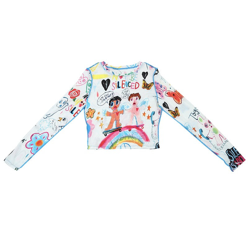 Retro Graffiti Print Long Sleeve T-Shirt