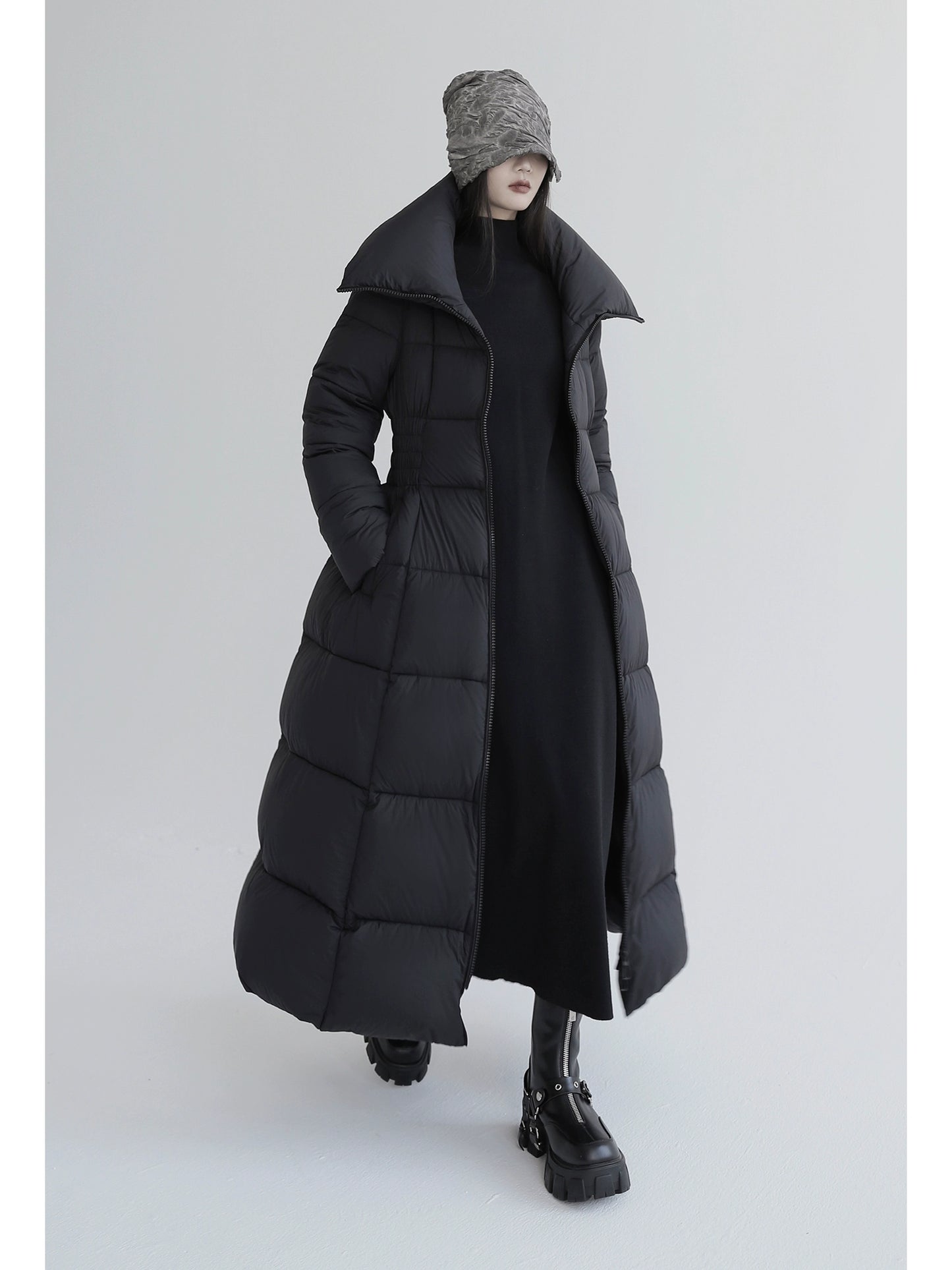 Over-The-Knee White Goose Down Jacket with Waist Design