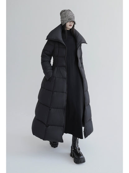 Over-The-Knee White Goose Down Jacket with Waist Design