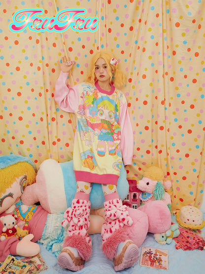 Gollum Store Girls' Room Autumn/Winter Retro Cute Colorblock Pink Beautiful Girl Knit Long Sweater
