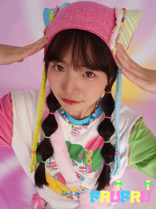 Gollu Store original cute patchwork color-blocked cat ear hat, Shibuya hot girl pink pullover hat for girls