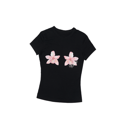 Floral Rhinestone Short Sleeve T-Shirt – Slim Stretch Shoulder Fit