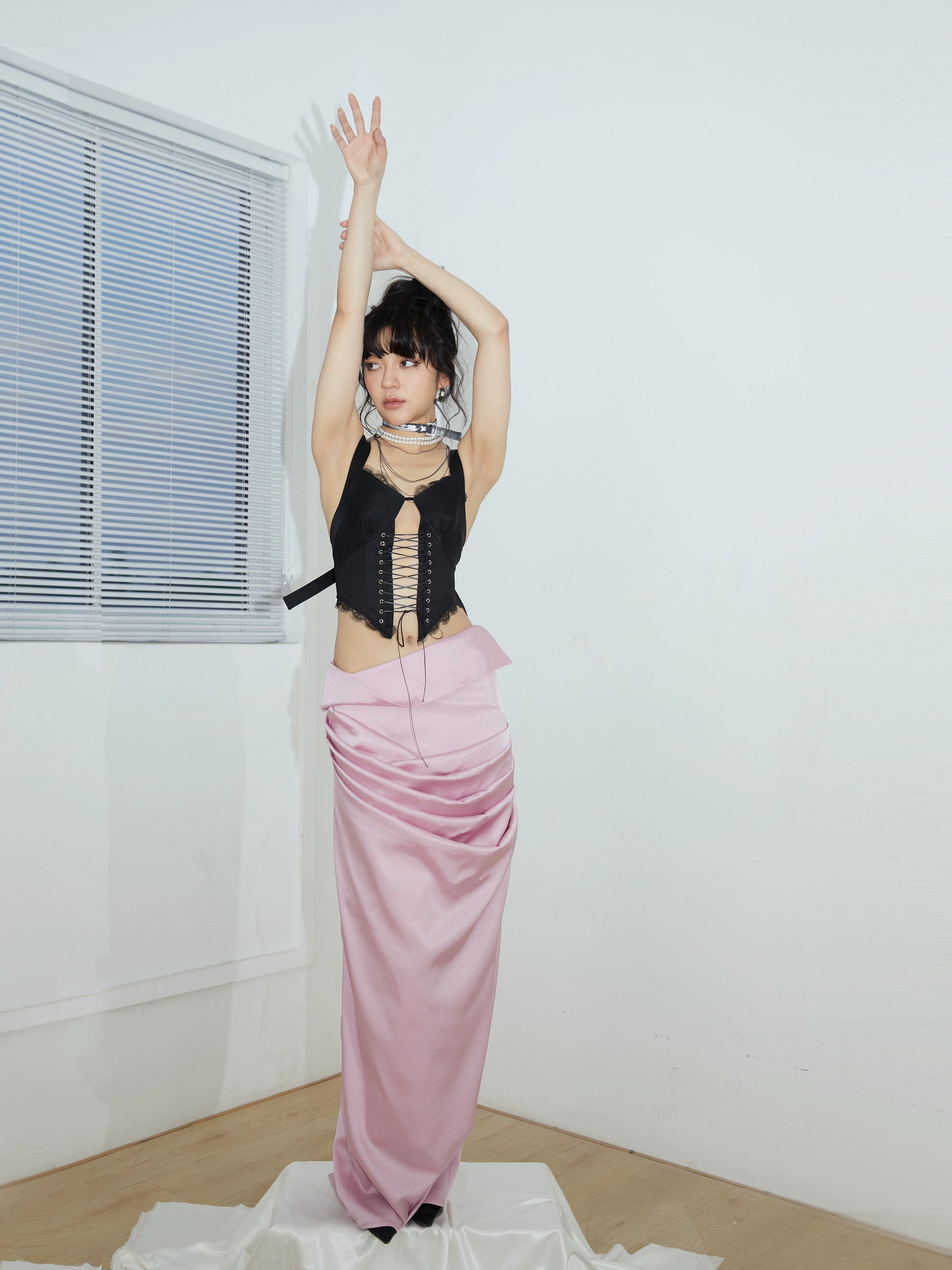 Haitang Pink Pleated Floor Mopping Skirt