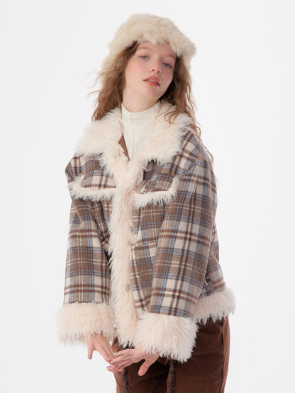 Checkered Quilted Wool Jacket | Sheepskin Collar Plush Splicing Design for Autumn/Winter