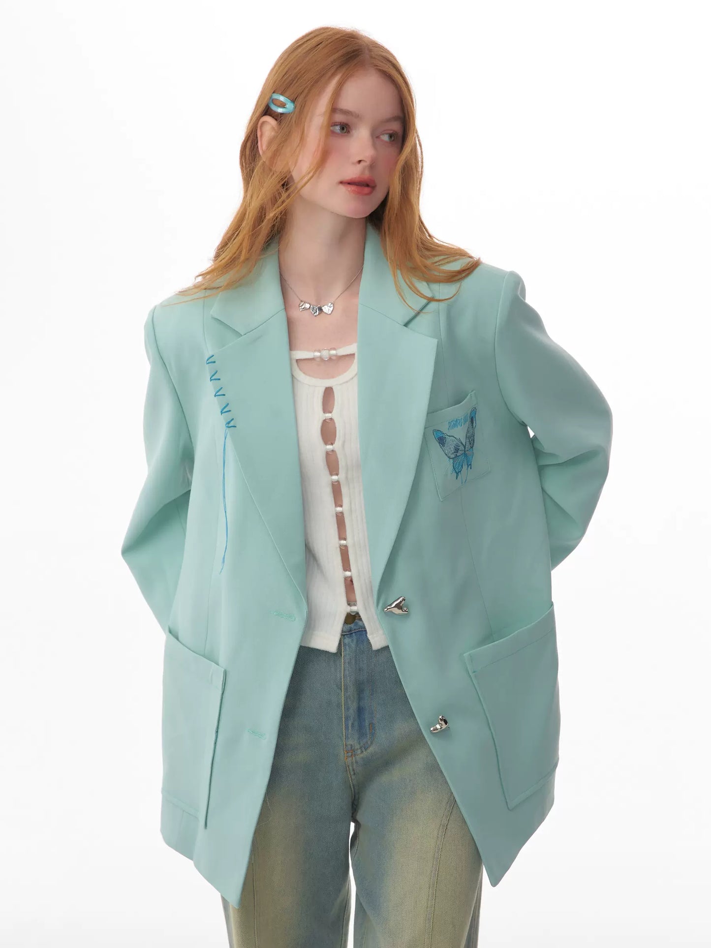 Manteau de costume surdimensionné brodé de papillons | Ensemble rétro décontracté pour printemps/automne