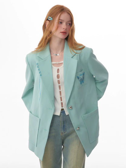 Butterfly Embroidery Oversized Suit Coat | Retro Casual Set for Spring/Autumn